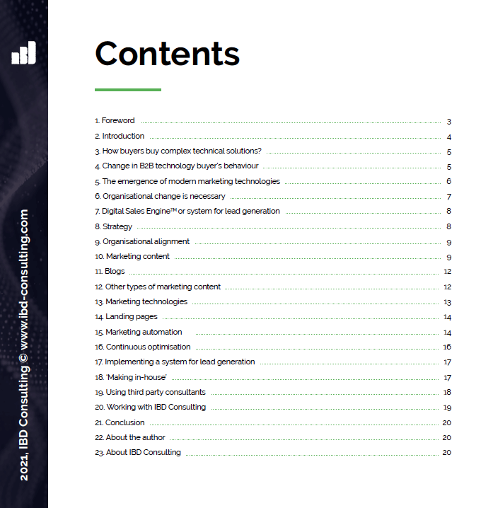 Contents page from the guide to lead generation for tech company executives willing to increase sales in B2B markets